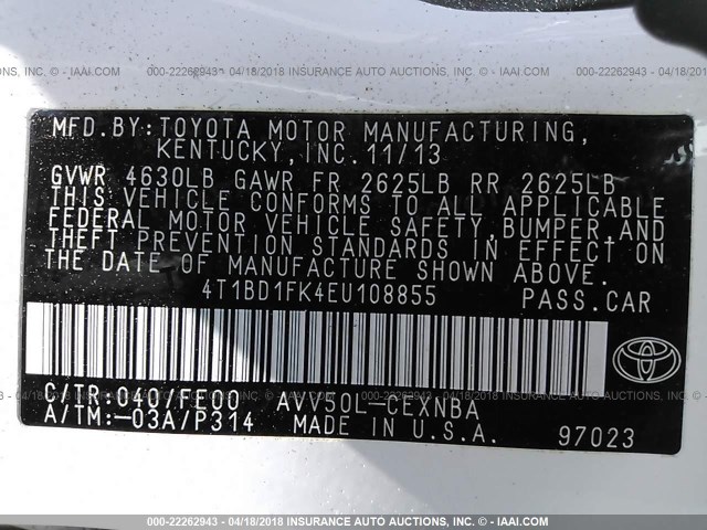 4T1BD1FK4EU108855 - 2014 TOYOTA CAMRY HYBRID/LE/XLE WHITE photo 9