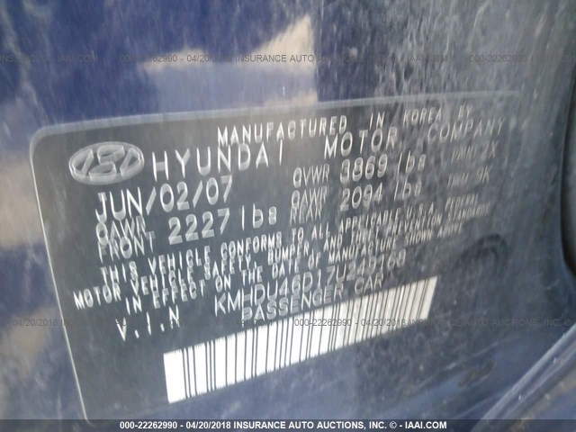 KMHDU46D17U249168 - 2007 HYUNDAI ELANTRA GLS/SE/LIMITED BLUE photo 9