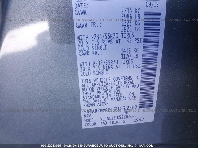 5N1AR2MM4FC705292 - 2015 NISSAN PATHFINDER S/SV/SL/PLATINUM 灰色 照片 9