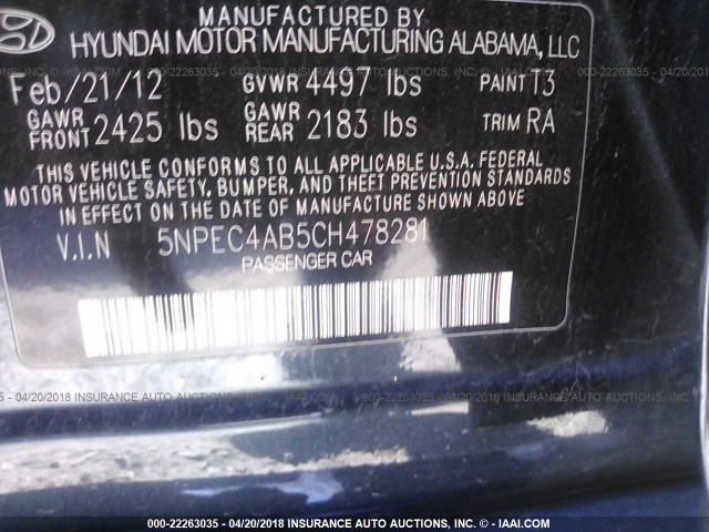 5NPEC4AB5CH478281 - 2012 HYUNDAI SONATA SE/LIMITED BLACK photo 9