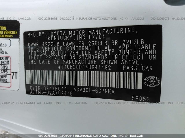 4T1CE38P14U944482 - 2004 TOYOTA CAMRY SOLARA SE/SLE WHITE photo 9