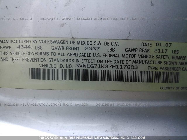 3VWEG71K37M117683 - 2007 VOLKSWAGEN JETTA WOLFSBURG 银色 照片 9