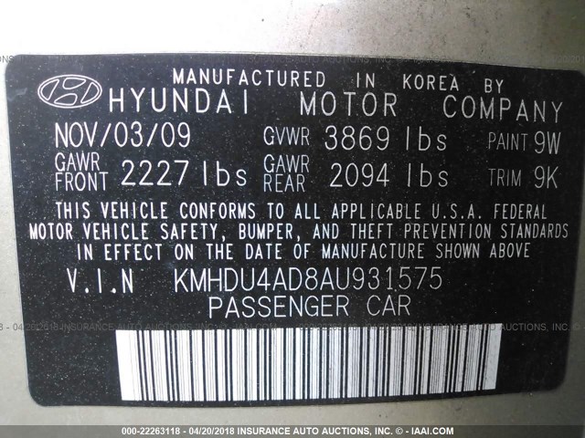 KMHDU4AD8AU931575 - 2010 HYUNDAI ELANTRA BLUE/GLS/SE TAN photo 9