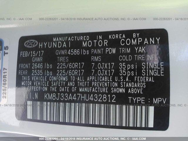 KM8J33A47HU432812 - 2017 HYUNDAI TUCSON LIMITED/SPORT AND ECO/SE WHITE photo 9
