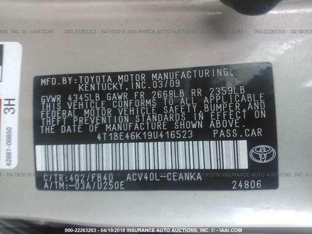 4T1BE46K19U416523 - 2009 TOYOTA CAMRY SE/LE/XLE TAN photo 9