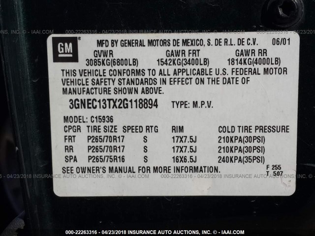 3GNEC13TX2G118894 - 2002 CHEVROLET AVALANCHE C1500 GREEN photo 9