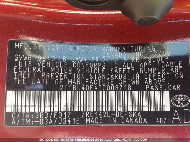 2T1BU40E49C008718 - 2009 TOYOTA COROLLA S/LE/XLE RED photo 9