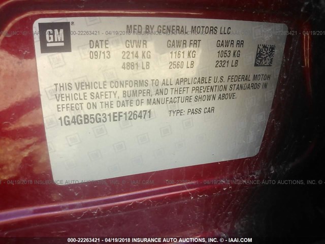 1G4GB5G31EF126471 - 2014 BUICK LACROSSE RED photo 9