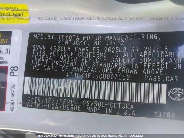 4T1BK1FK5CU007052 - 2012 TOYOTA CAMRY SE/XLE SILVER photo 9