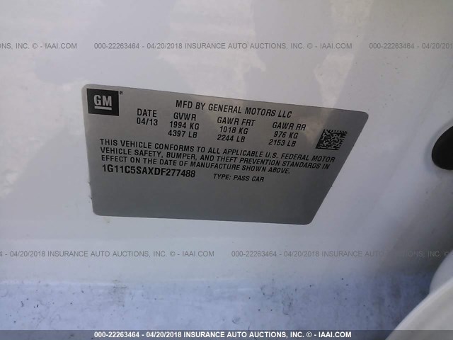 1G11C5SAXDF277488 - 2013 CHEVROLET MALIBU 1LT WHITE photo 9