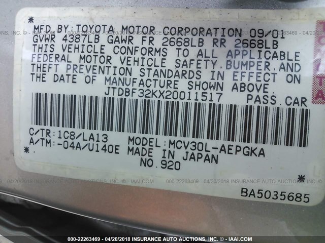 JTDBF32KX20011517 - 2002 TOYOTA CAMRY LE/XLE/SE ვერცხლისფერი ფოტო 9