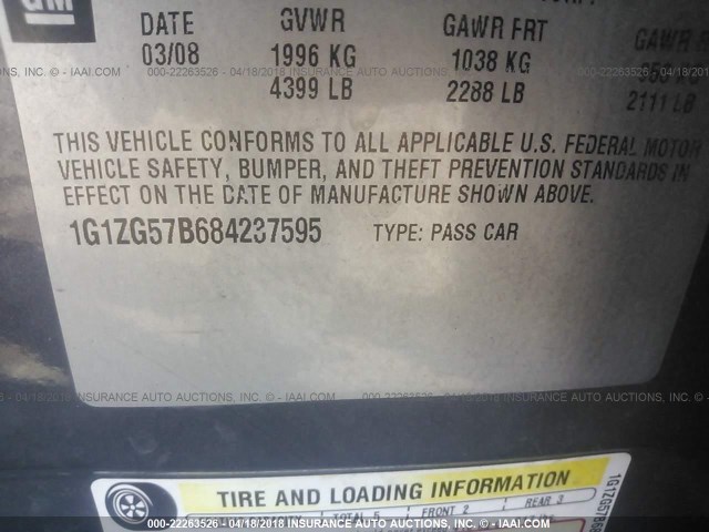 1G1ZG57B684237595 - 2008 CHEVROLET MALIBU LS GRAY photo 9