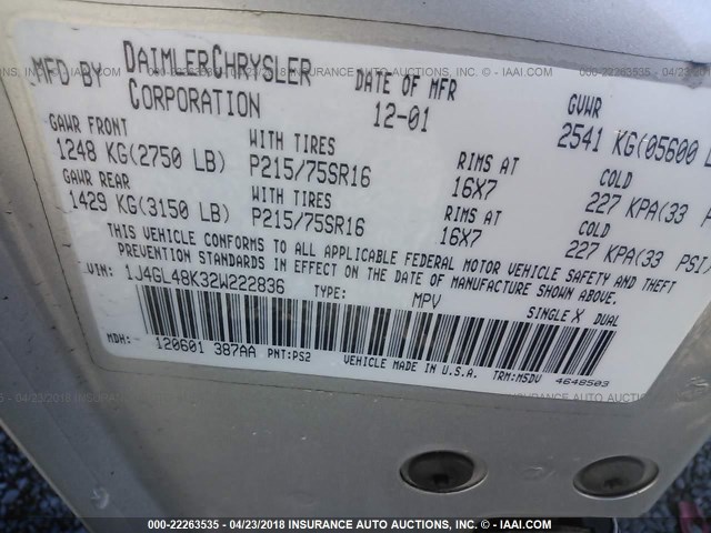 1J4GL48K32W222836 - 2002 JEEP LIBERTY SPORT 银色 照片 9