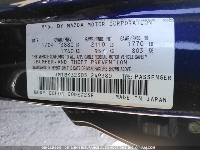 JM1BK323051249380 - 2005 MAZDA 3 S BLUE photo 9