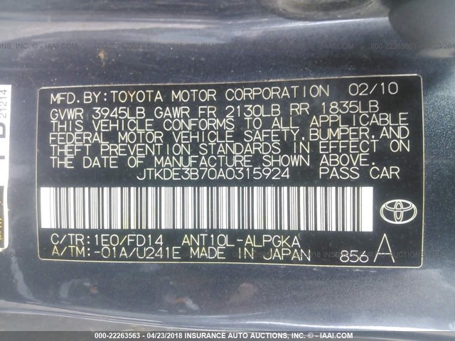 JTKDE3B70A0315924 - 2010 TOYOTA SCION TC GRAY photo 9