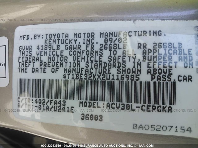 4T1BE32KX2U116985 - 2002 TOYOTA CAMRY LE/XLE/SE Бежевый фото 9