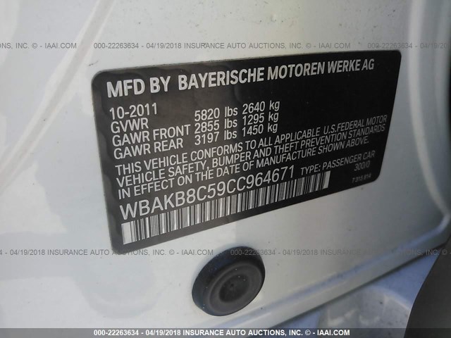 WBAKB8C59CC964671 - 2012 BMW 750 LI WHITE photo 9