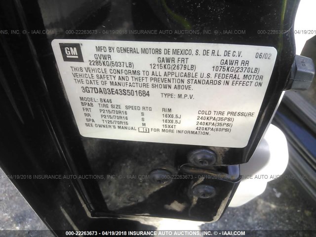 3G7DA03E43S501684 - 2003 PONTIAC AZTEK BLACK photo 9