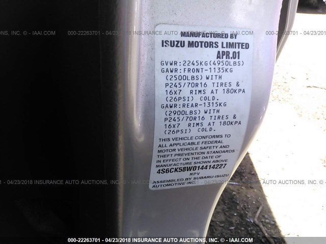 4S6CK58W014414227 - 2001 HONDA PASSPORT EX/LX 银色 照片 9