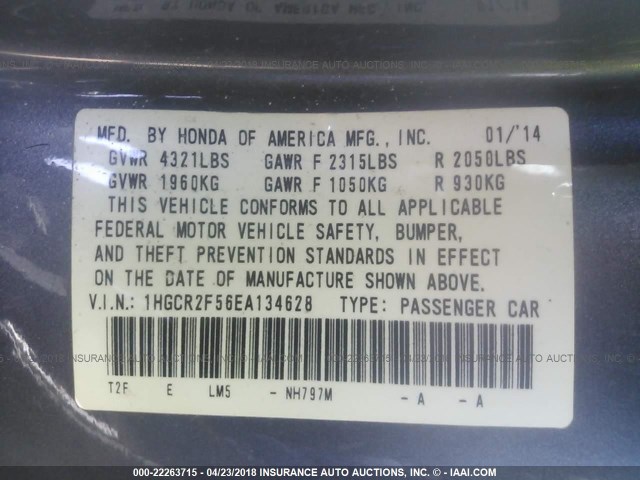 1HGCR2F56EA134628 - 2014 HONDA ACCORD SPORT Сұр фото 9