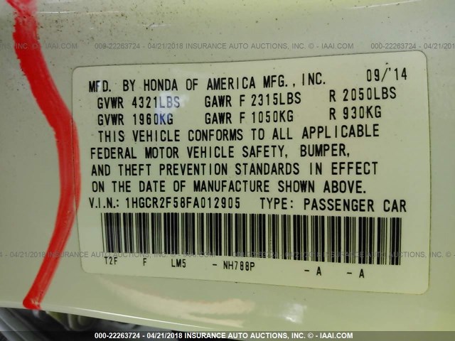 1HGCR2F58FA012905 - 2015 HONDA ACCORD SPORT თეთრი ფოტო 9