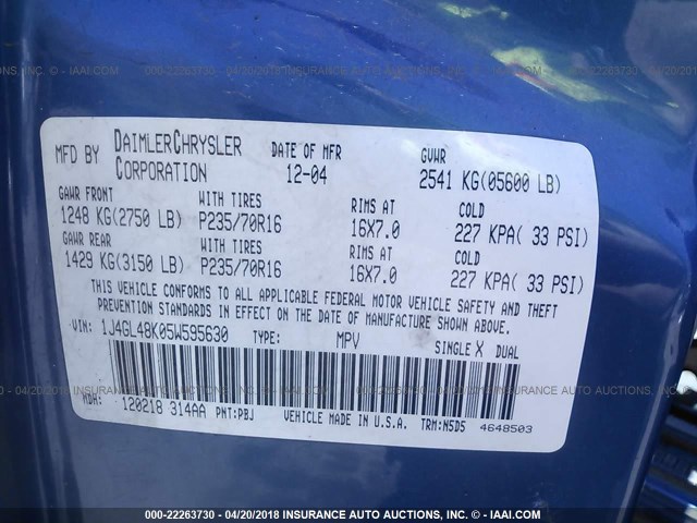 1J4GL48K05W595630 - 2005 JEEP LIBERTY SPORT 蓝色 照片 9