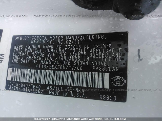 4T1BF3EK5BU712708 - 2011 TOYOTA CAMRY SE/LE/XLE WHITE photo 9