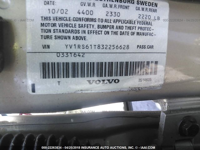 YV1RS61T832256628 - 2003 VOLVO S60 SILVER photo 9