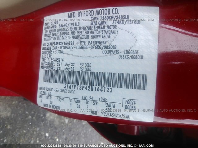 3FAFP13P42R164123 - 2002 FORD ESCORT RED photo 9