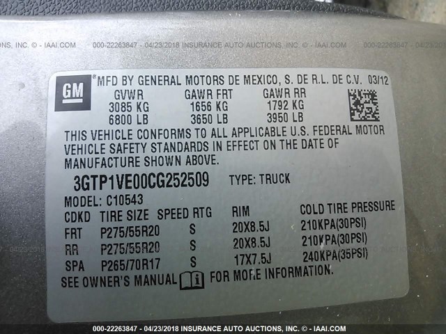 3GTP1VE00CG252509 - 2012 GMC SIERRA C1500 SLE GRAY photo 9