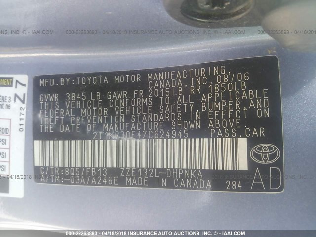 2T1KR30E47C624945 - 2007 TOYOTA COROLLA MATRIX XR BLUE photo 9