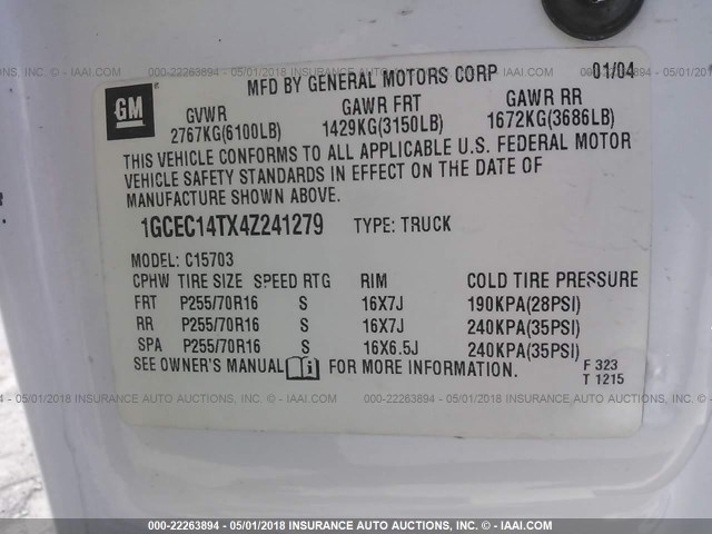 1GCEC14TX4Z241279 - 2004 CHEVROLET SILVERADO C1500 WHITE photo 9