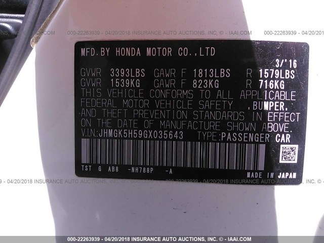 JHMGK5H59GX035643 - 2016 HONDA FIT LX Beyaz fotoğraf 9