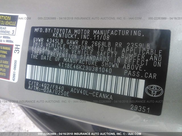 4T1BE46K29U381040 - 2009 TOYOTA CAMRY SE/LE/XLE GOLD photo 9