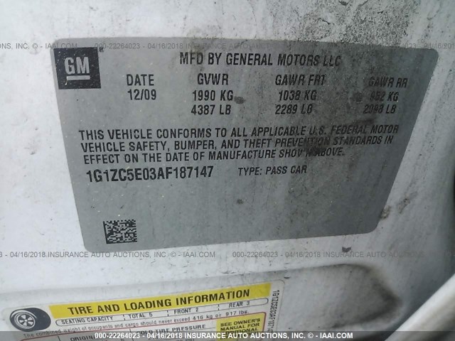 1G1ZC5E03AF187147 - 2010 CHEVROLET MALIBU 1LT თეთრი ფოტო 9