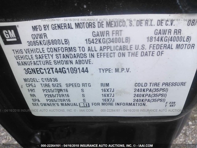 3GNEC12T44G109144 - 2004 CHEVROLET AVALANCHE C1500 BLACK photo 9