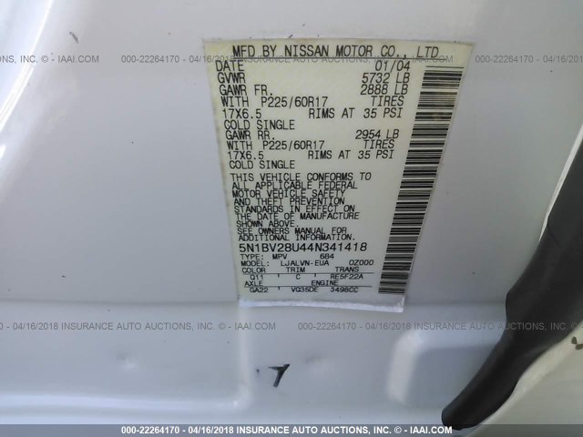 5N1BV28U44N341418 - 2004 NISSAN QUEST S/SE/SL WHITE photo 9