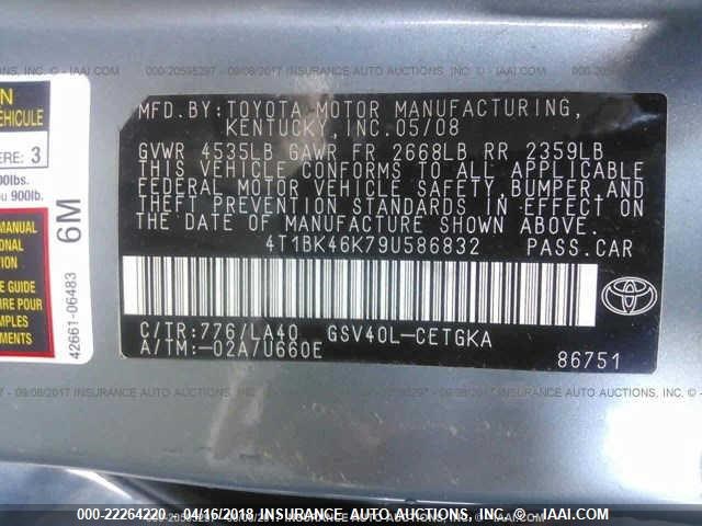 4T1BK46K79U586832 - 2009 TOYOTA CAMRY SE/LE/XLE ნაცრისფერი ფოტო 9