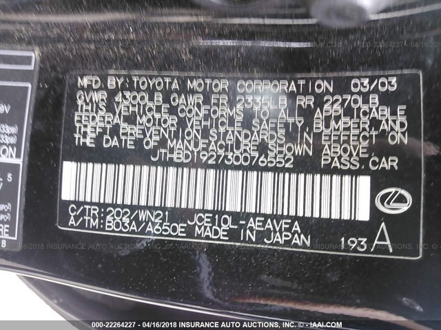 JTHBD192730076552 - 2003 LEXUS IS 300 BLACK photo 9