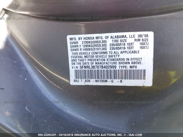 5FNRL38707B402999 - 2007 HONDA ODYSSEY EXL ნაცრისფერი ფოტო 9