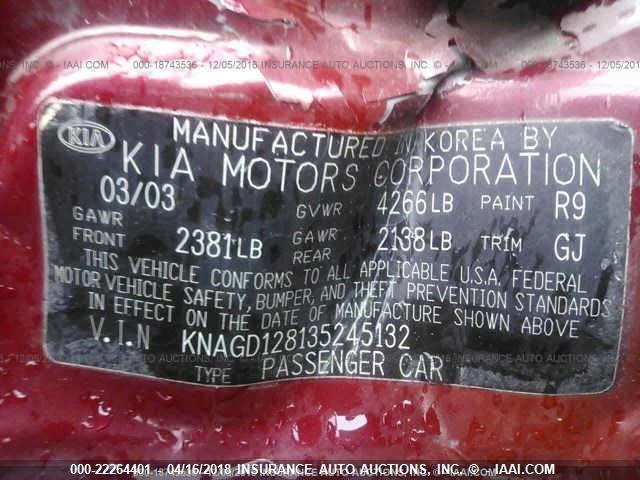 KNAGD128135245132 - 2003 KIA OPTIMA LX/SE RED photo 9