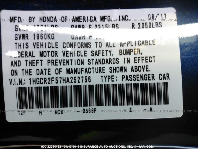 1HGCR2F57HA252756 - 2017 HONDA ACCORD SPORT Көк фото 9