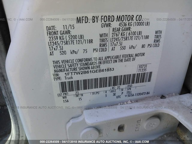 1FT7W2B61GEB61853 - 2016 FORD F250 SUPER DUTY WHITE photo 9