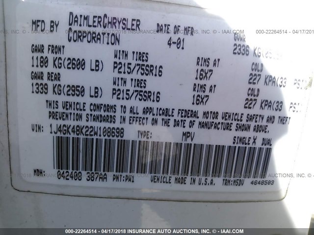 1J4GK48K22W108698 - 2002 JEEP LIBERTY SPORT 白色 照片 9