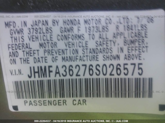 JHMFA36276S026575 - 2006 HONDA CIVIC HYBRID GRAY photo 9