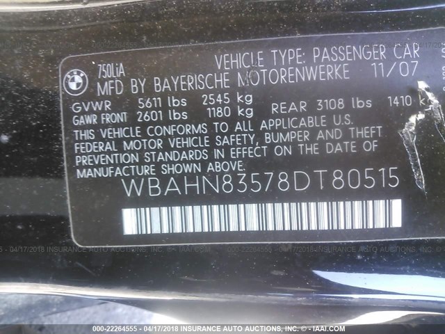 WBAHN83578DT80515 - 2008 BMW 750 LI BLACK photo 9