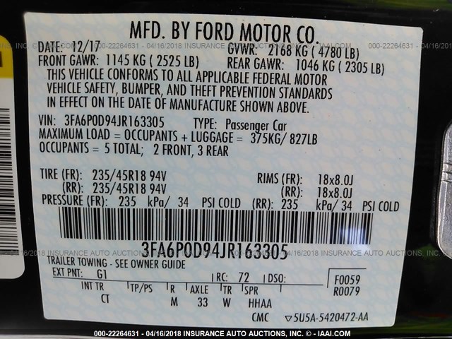 3FA6P0D94JR163305 - 2018 FORD FUSION TITANIUM/PLATINUM BLACK photo 9