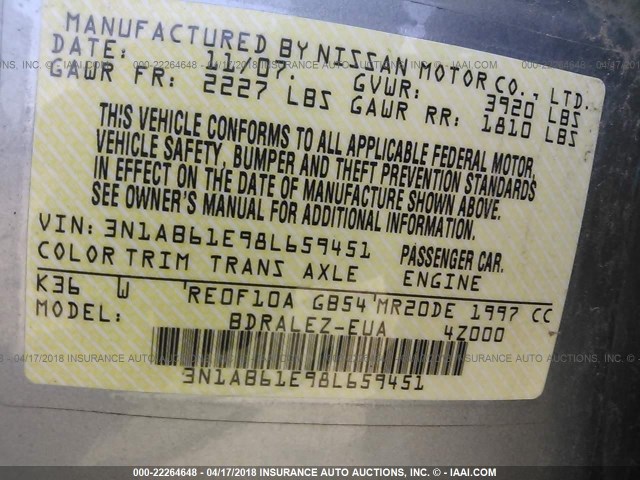 3N1AB61E98L659451 - 2008 NISSAN SENTRA 2.0/2.0S/2.0SL GRAY photo 9