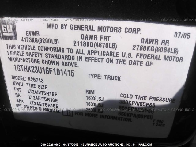 1GTHK23U16F101416 - 2006 GMC SIERRA K2500 HEAVY DUTY BLACK photo 9