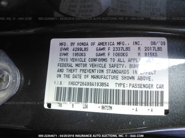 1HGCP26499A193854 - 2009 HONDA ACCORD LXP GRAY photo 9